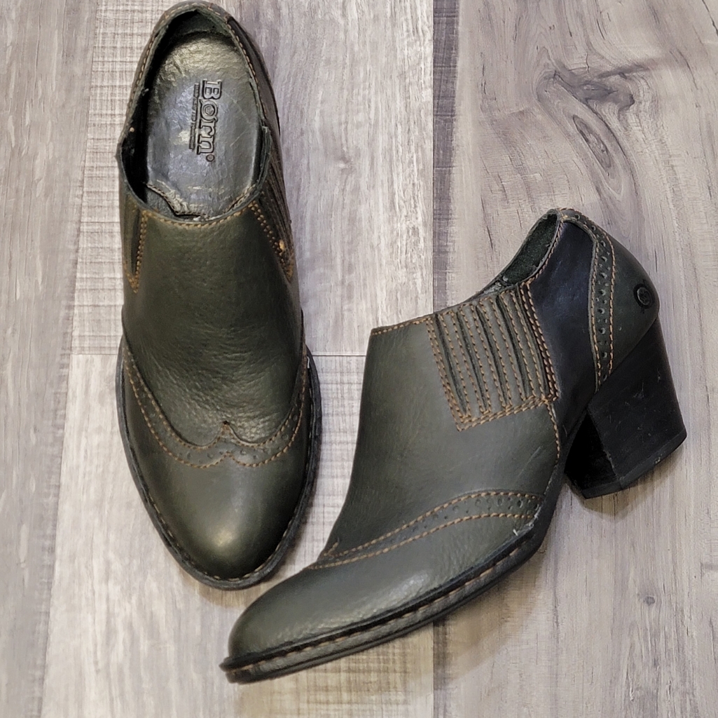 Born Green & Black Leather Booties With Chunky Heel